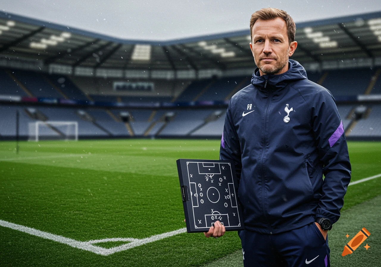 A male football coach stands on a pitch holding a tactics board, with a stadium in the background, in a photorealistic style.