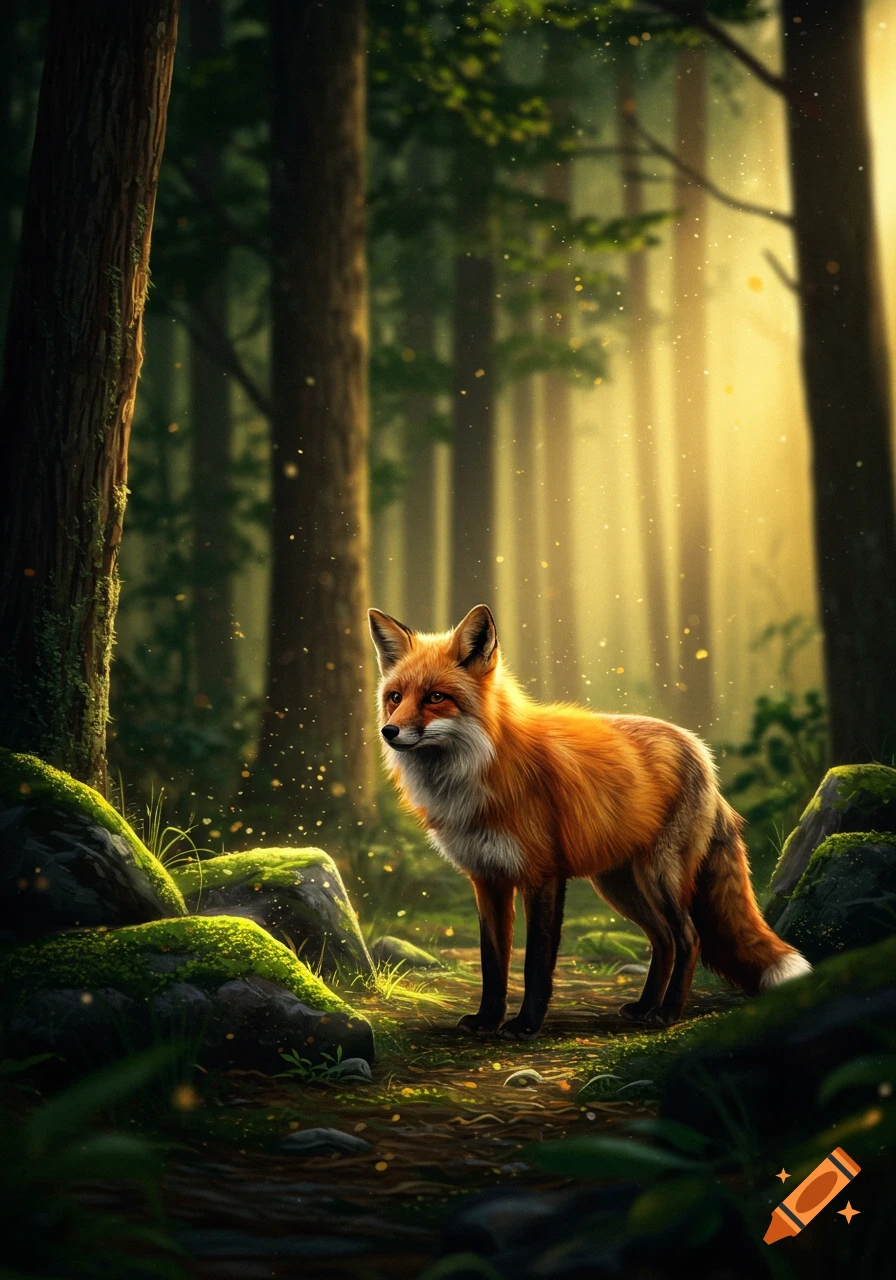 A vibrant red fox with white markings stands gracefully in a sun-dappled, mossy forest with tall trees and glowing particles.