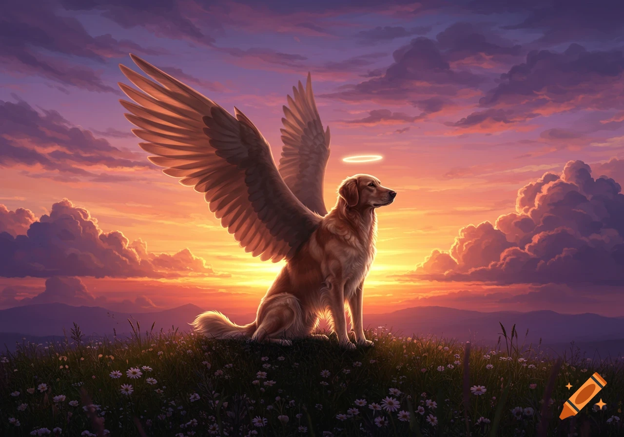 A golden retriever with large wings and a glowing halo sits on a grassy hill overlooking a vibrant sunset landscape.