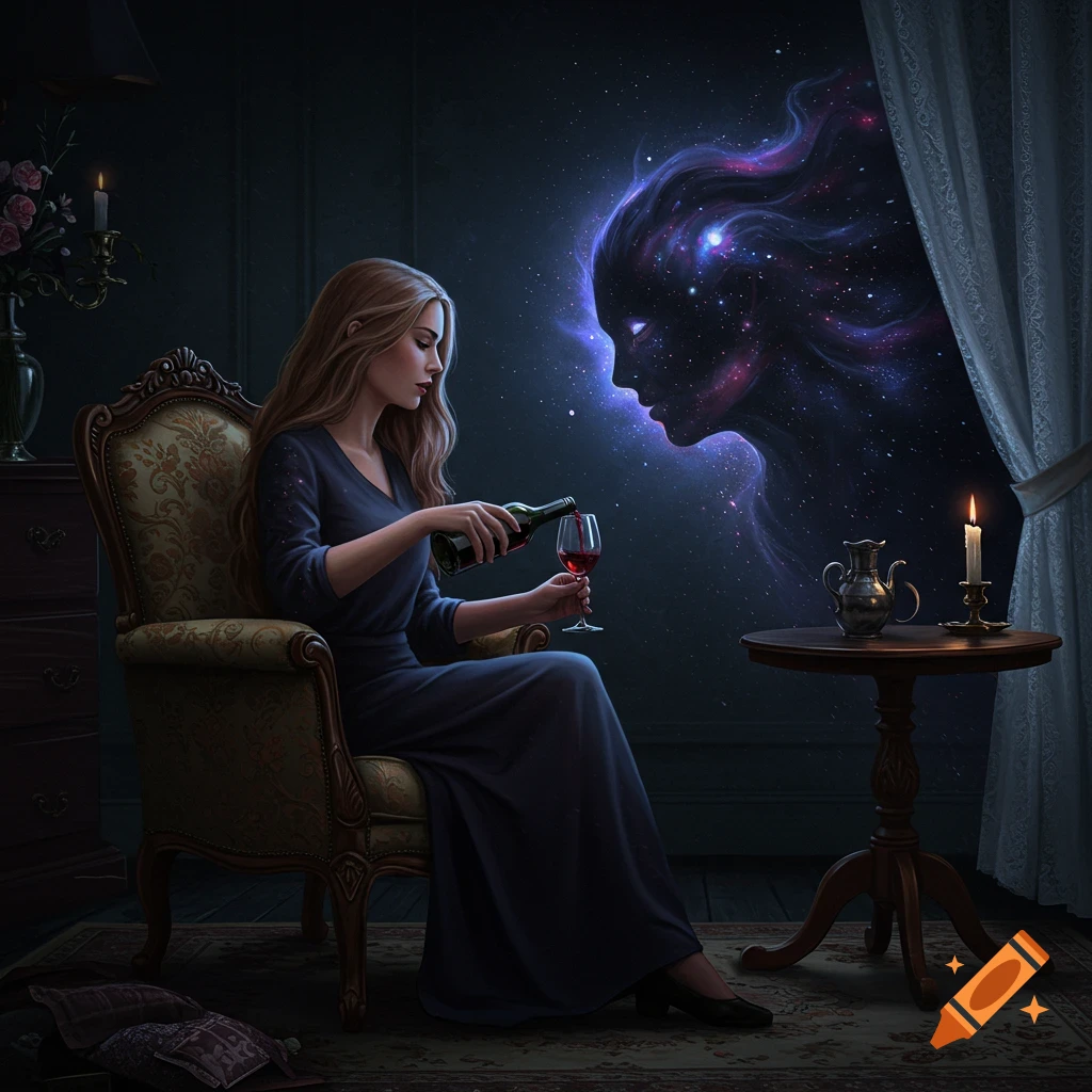 A woman in a dark room sits on a chair pouring wine into a glass, gazing at a cosmic, starry entity emerging from the wall.