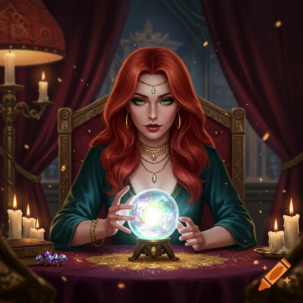 A red-haired fortune teller in a green dress gazes intently at a glowing crystal ball on a table with candles in a mystical room.