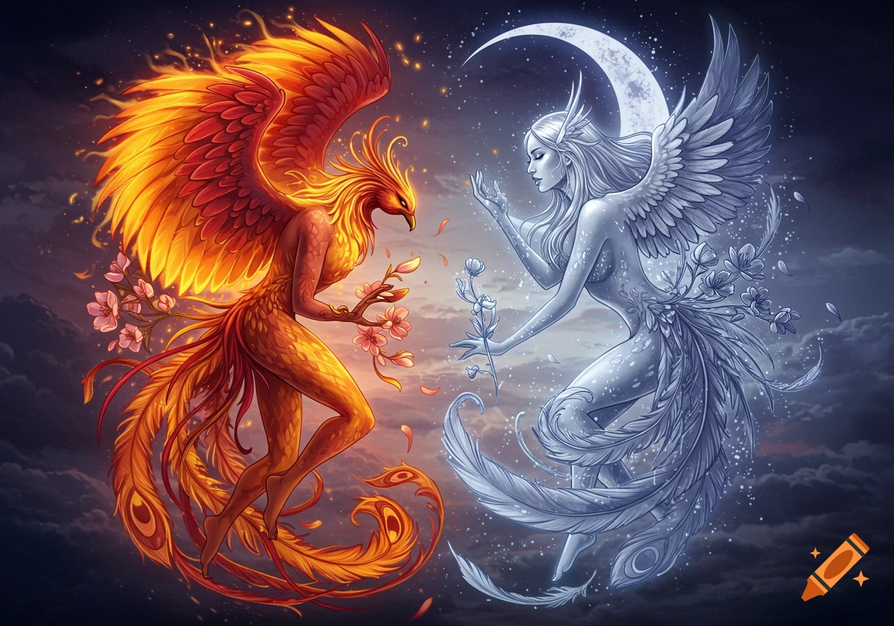 A vibrant fantasy illustration of a fiery phoenix-humanoid and an ethereal moon-spirit exchanging flowers against a divided sky.