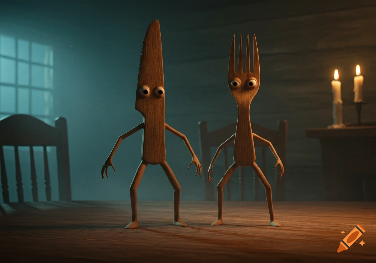Two anthropomorphic wooden knife and fork with eyes, arms, and legs stand on a table in an eerie, dimly lit room.
