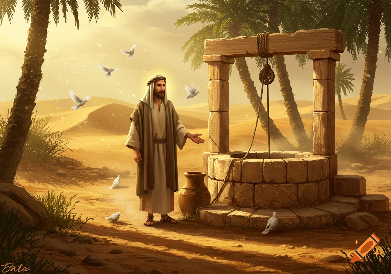 Jesus Christ stands by an old stone well in a sunny desert with palm trees and flying doves, in a painted style.