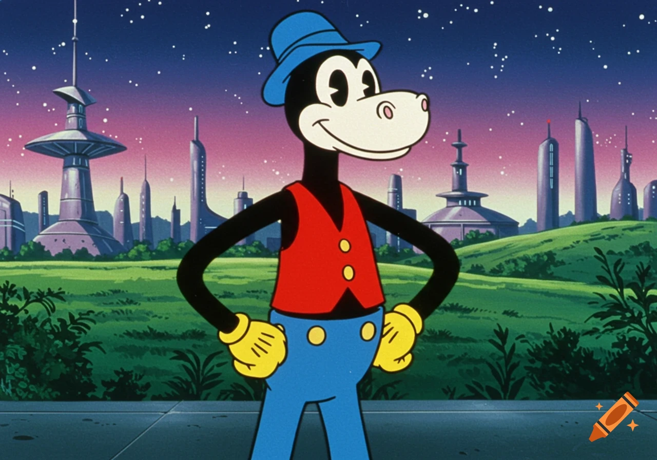 A rubberhose cartoon anthropomorphic horse in a red vest and blue hat stands in a futuristic 90s anime landscape under a starry sky.