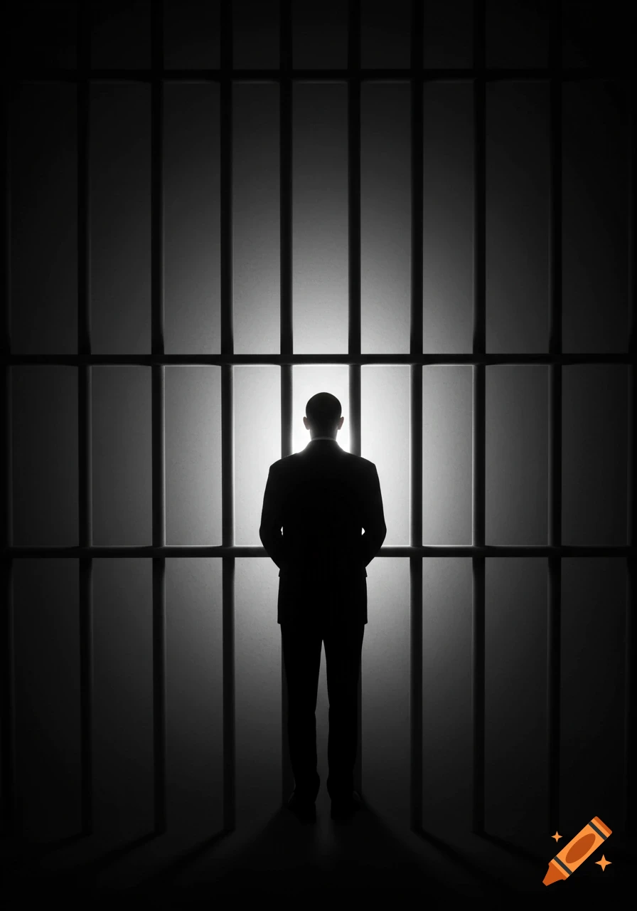 A black and white silhouette of a man in a suit standing behind prison bars, illuminated by bright light.