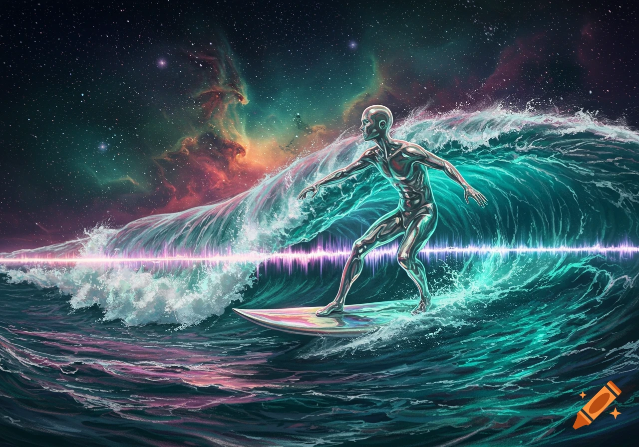 A metallic humanoid figure surfs a vibrant, glowing wave with a cosmic, star-filled nebula background and a light beam.