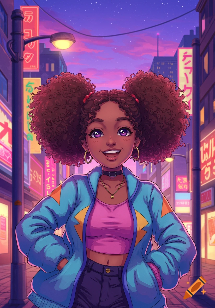 Smiling anime girl with afro puffs in a blue jacket, pink top, and choker, standing on a neon-lit city street at dusk.