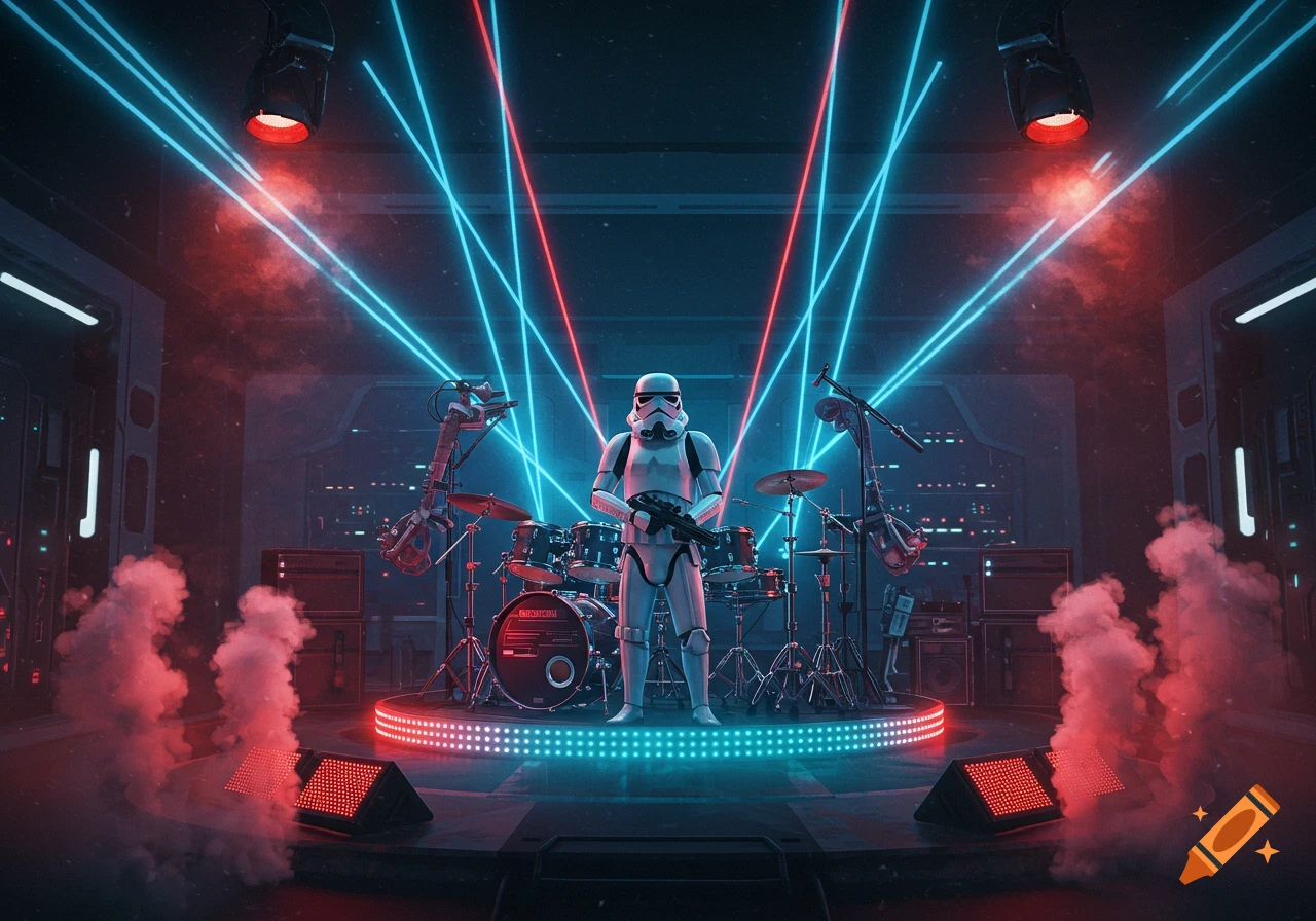 A Stormtrooper stands on a futuristic stage with a drum kit and sci-fi instruments, bathed in red and blue neon lights and smoke.