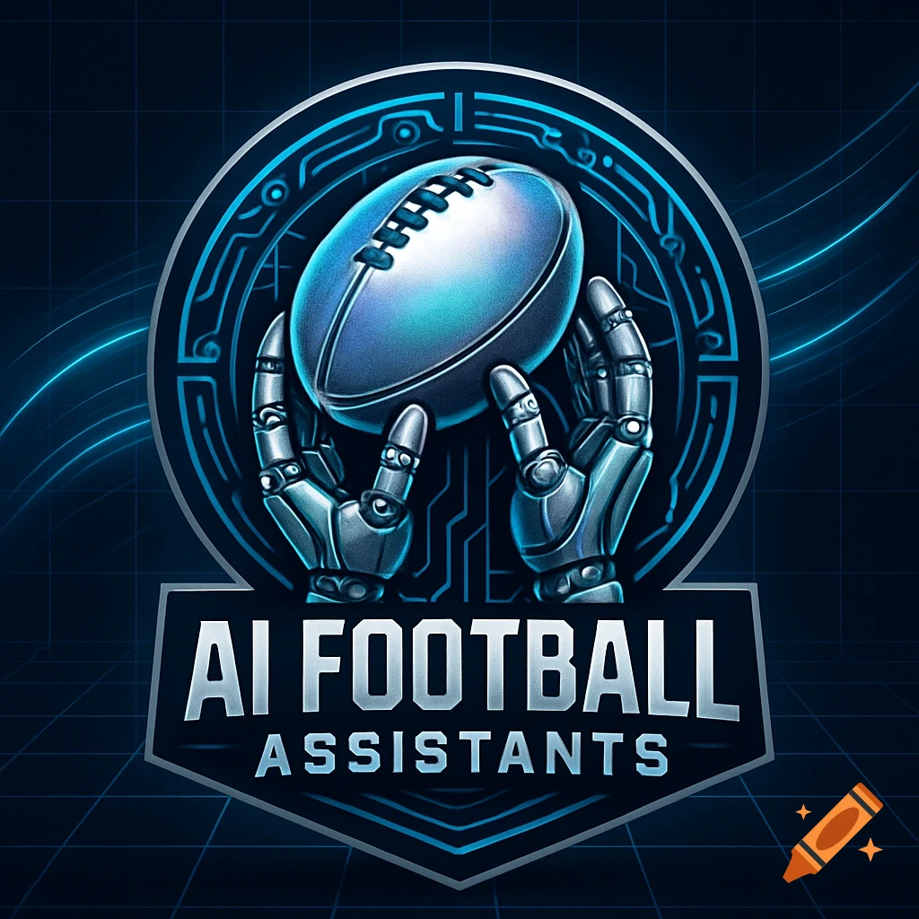 A blue and silver logo featuring robotic hands holding a futuristic football inside a circular tech emblem, with the text 'AI FOOTBALL ASSISTANTS'.