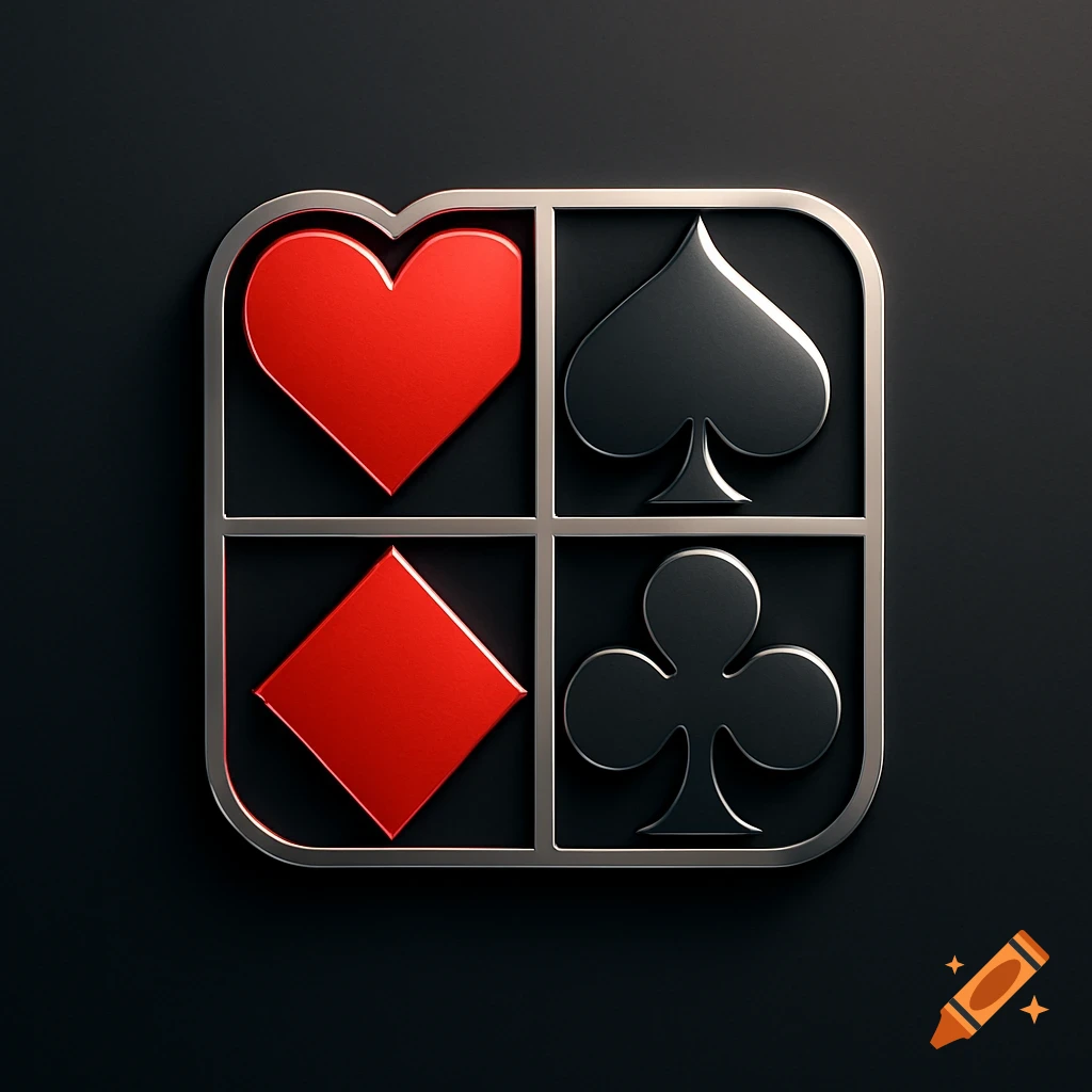 A 3D silver grid holding red heart and diamond, and black spade and club playing card suits on a dark background.