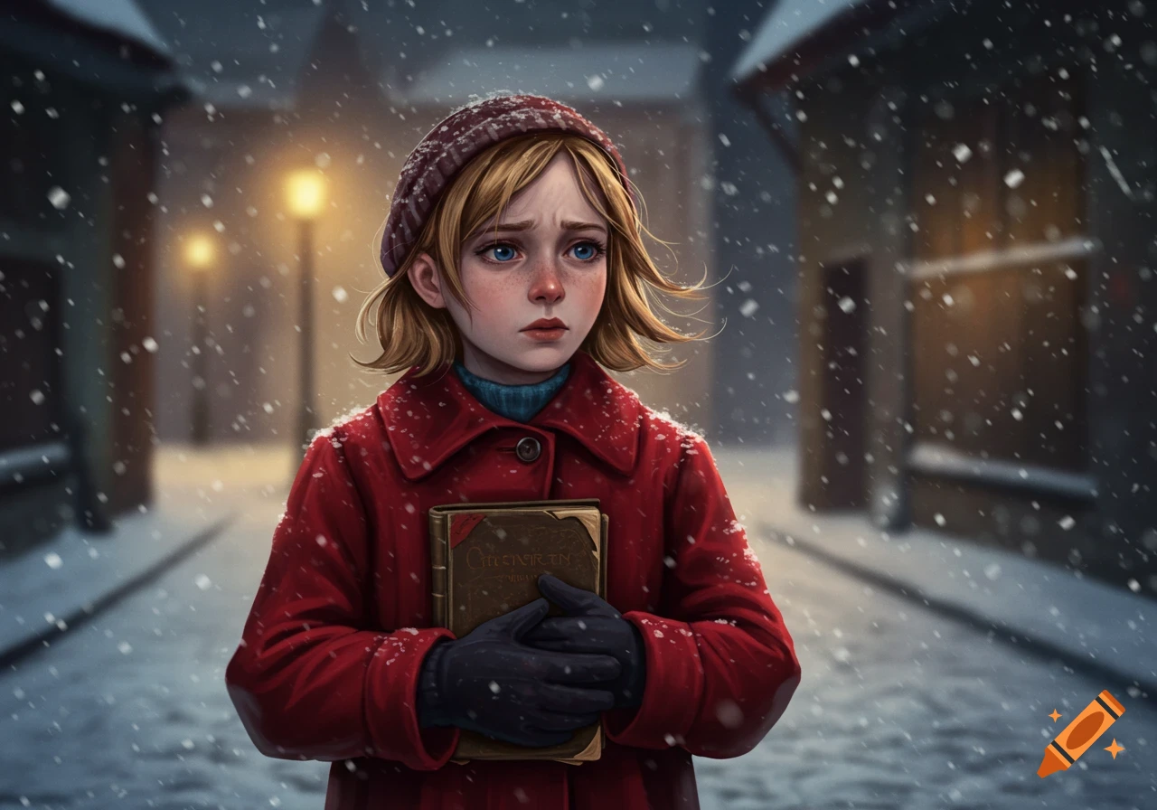 A sad-looking girl in a red coat and hat holds a book on a snowy street.