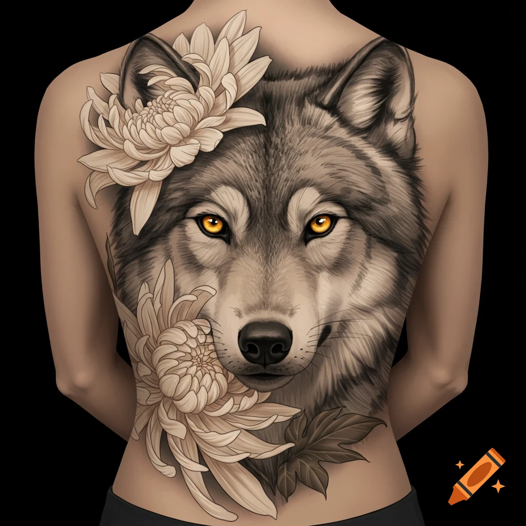 A detailed back tattoo of a grey wolf with bright yellow eyes, partially obscured by large, light-colored chrysanthemum flowers.