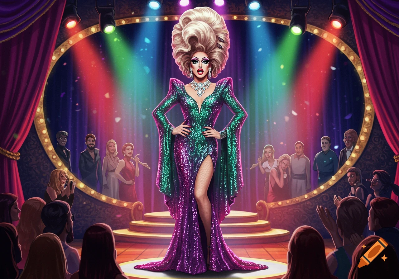 A vibrant illustration of a drag queen in a sparkling green and purple gown performing on a stage to an audience.