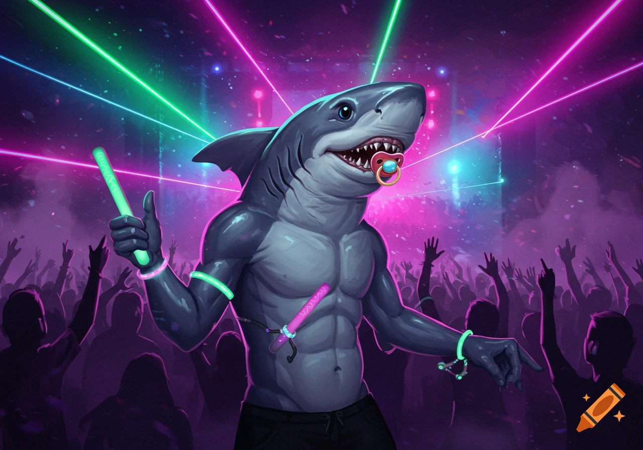 Muscular anthropomorphic shark with a pacifier and glow sticks, giving a thumbs-up at a vibrant rave with laser lights and a crowd.