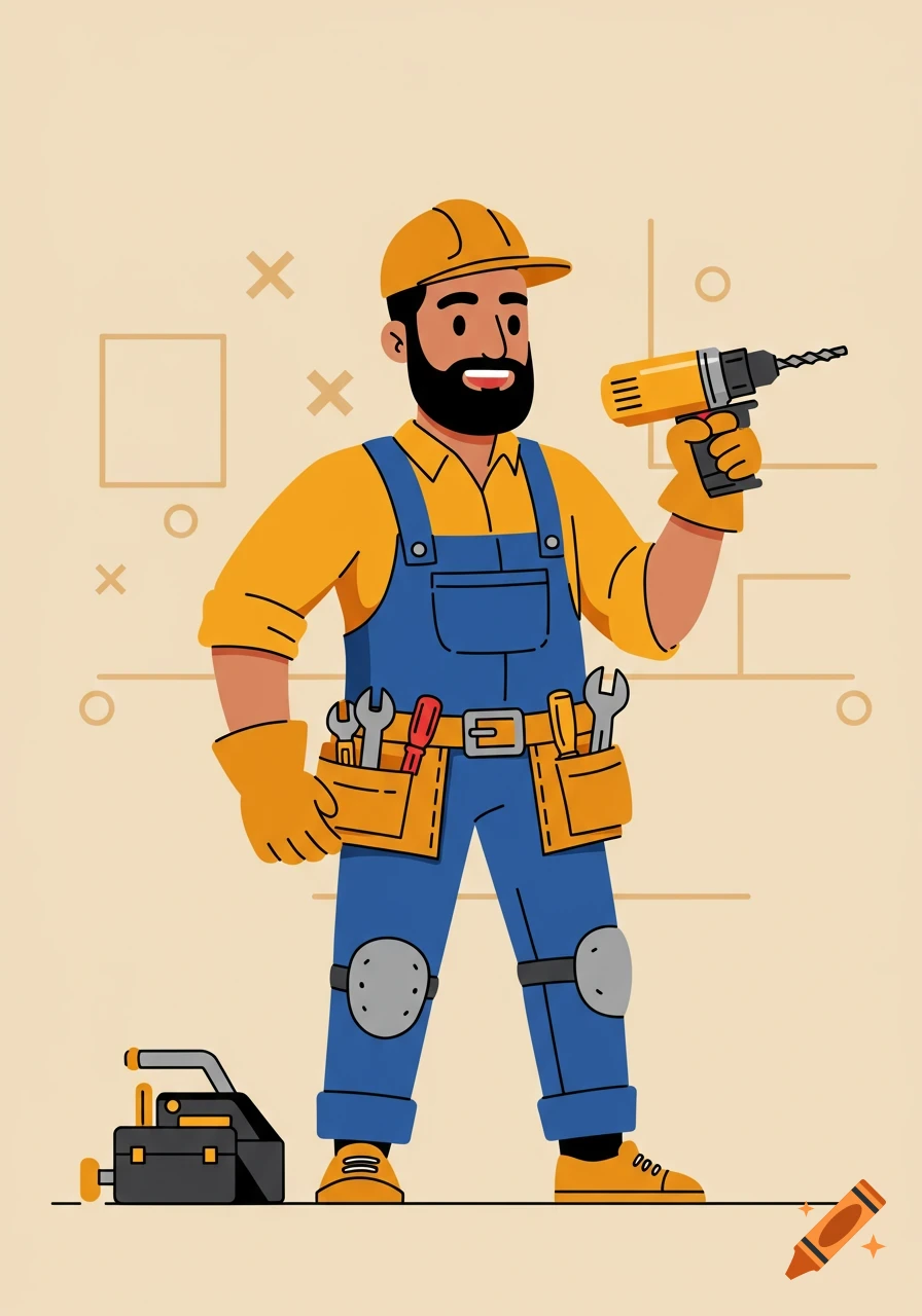 Vector cartoon of a handyman with a beard, wearing a hard hat, overalls, and tool belt, holding a yellow drill.