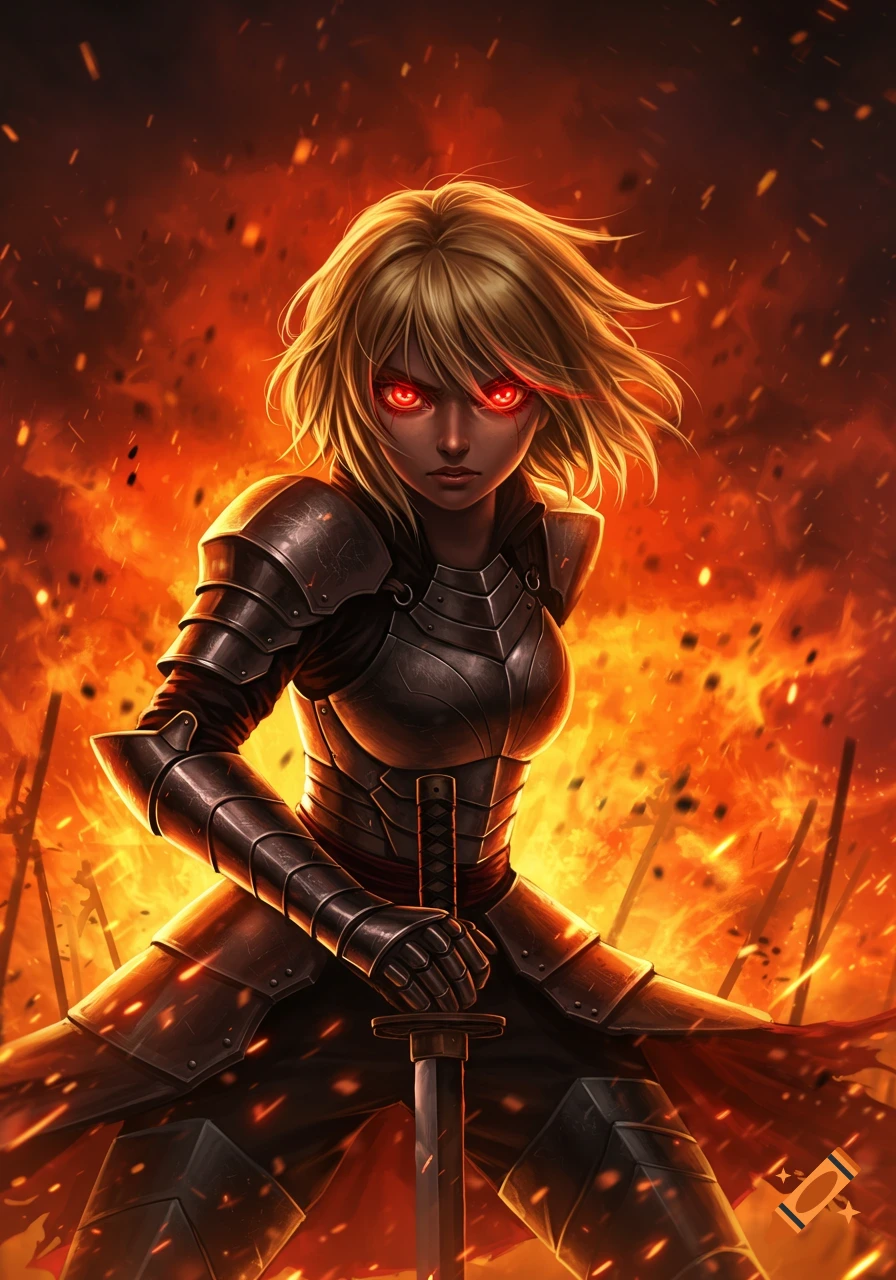 An anime warrior girl with short blonde hair and glowing red eyes, wearing dark armor, stands ready with a sword against a blazing fire background.