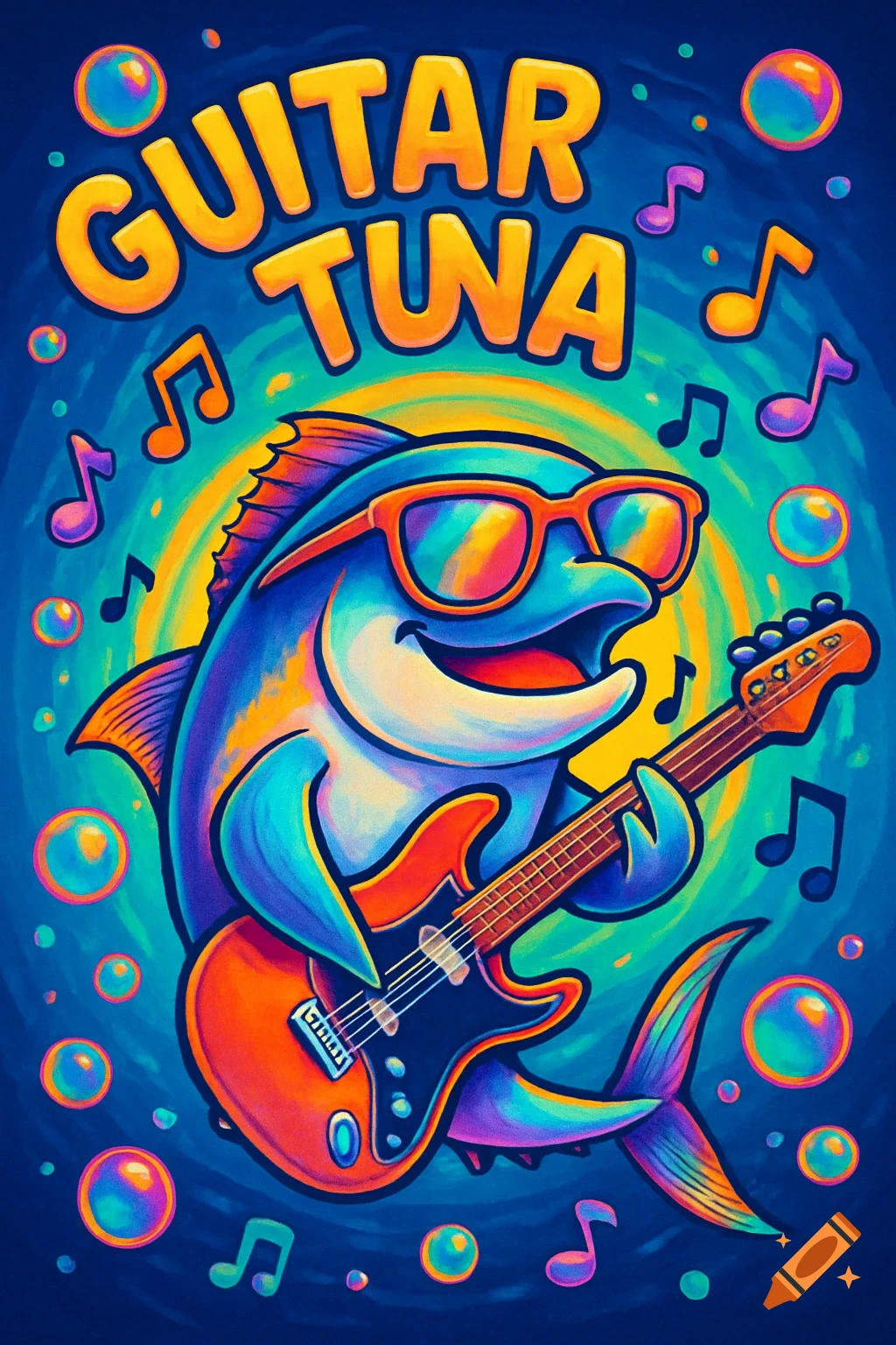 Vibrant cartoon illustration of a cool tuna wearing sunglasses, playing an electric guitar, with "GUITAR TUNA" above, surrounded by bubbles and musical notes.