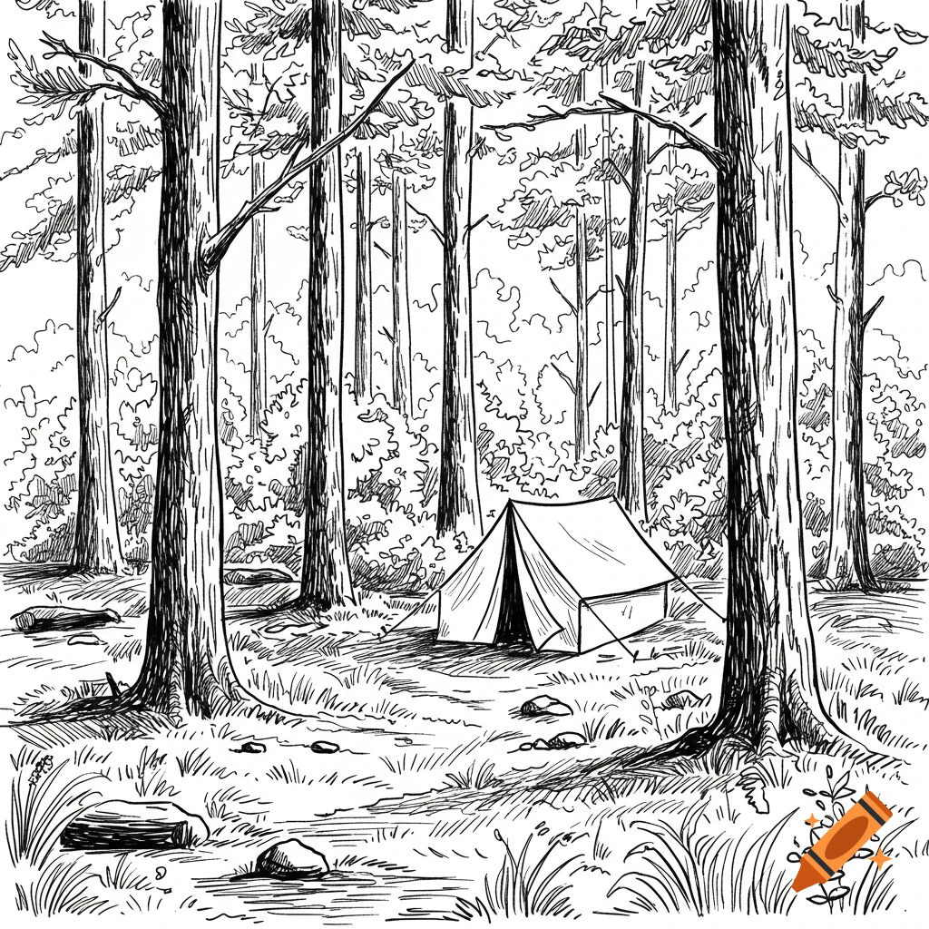 Line art illustration of a tent pitched in a dense forest.