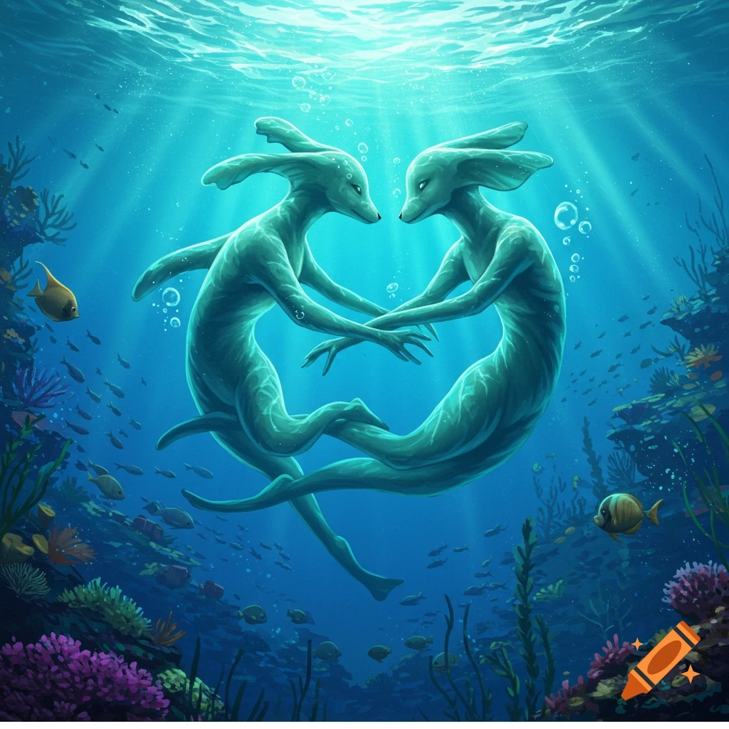 Two graceful, teal-skinned aquatic humanoids intertwine underwater amidst a vibrant coral reef, with sun rays filtering from the surface.
