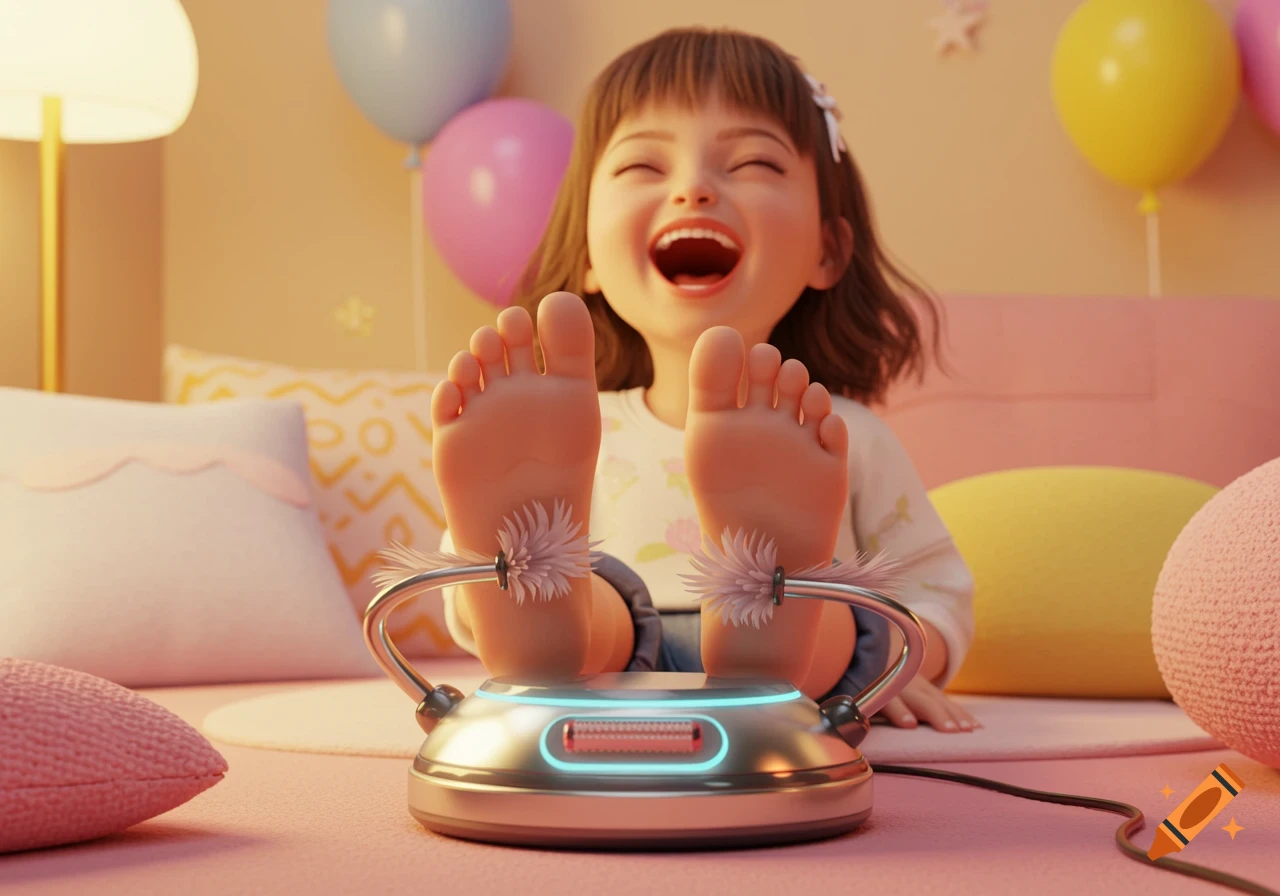 A cheerful cartoon girl laughs with her feet propped up in a silver tickling machine, surrounded by colorful balloons in a cozy room.