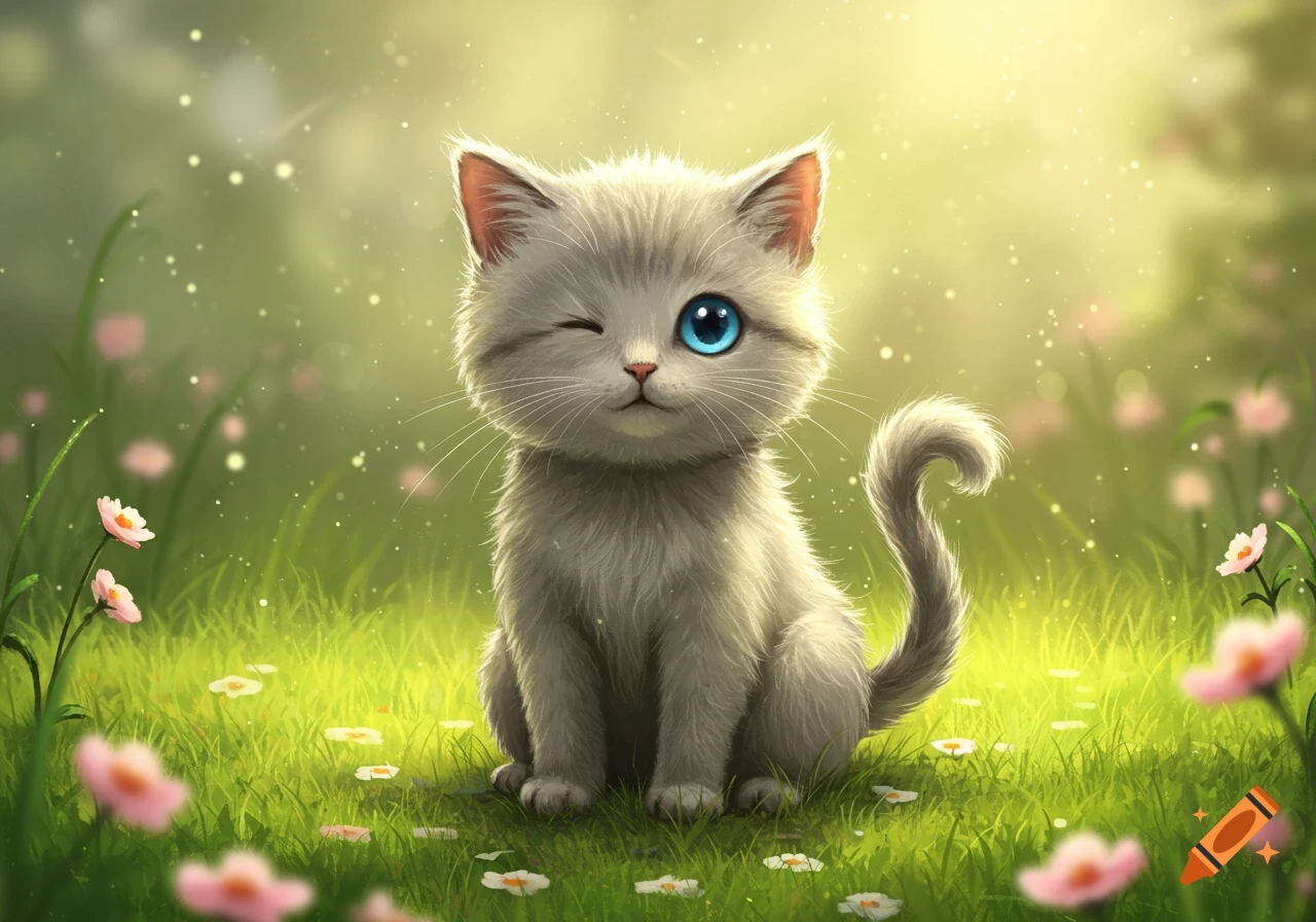 Cute grey kitten with one blue eye winking, sitting in a sunny field of green grass and pink flowers, digital art.