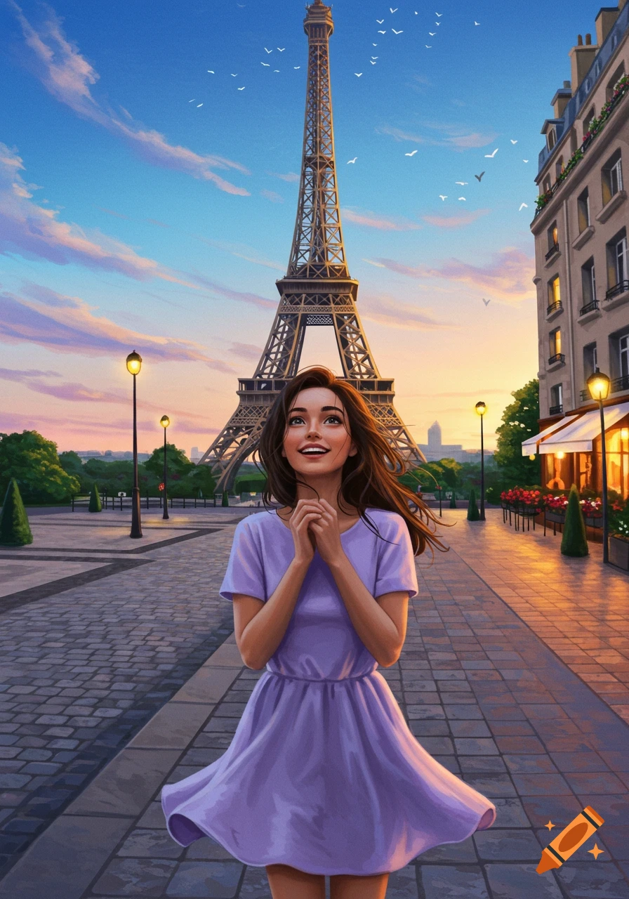 A smiling young woman in a lavender dress stands on a cobbled street in Paris, looking up at the Eiffel Tower at sunset.