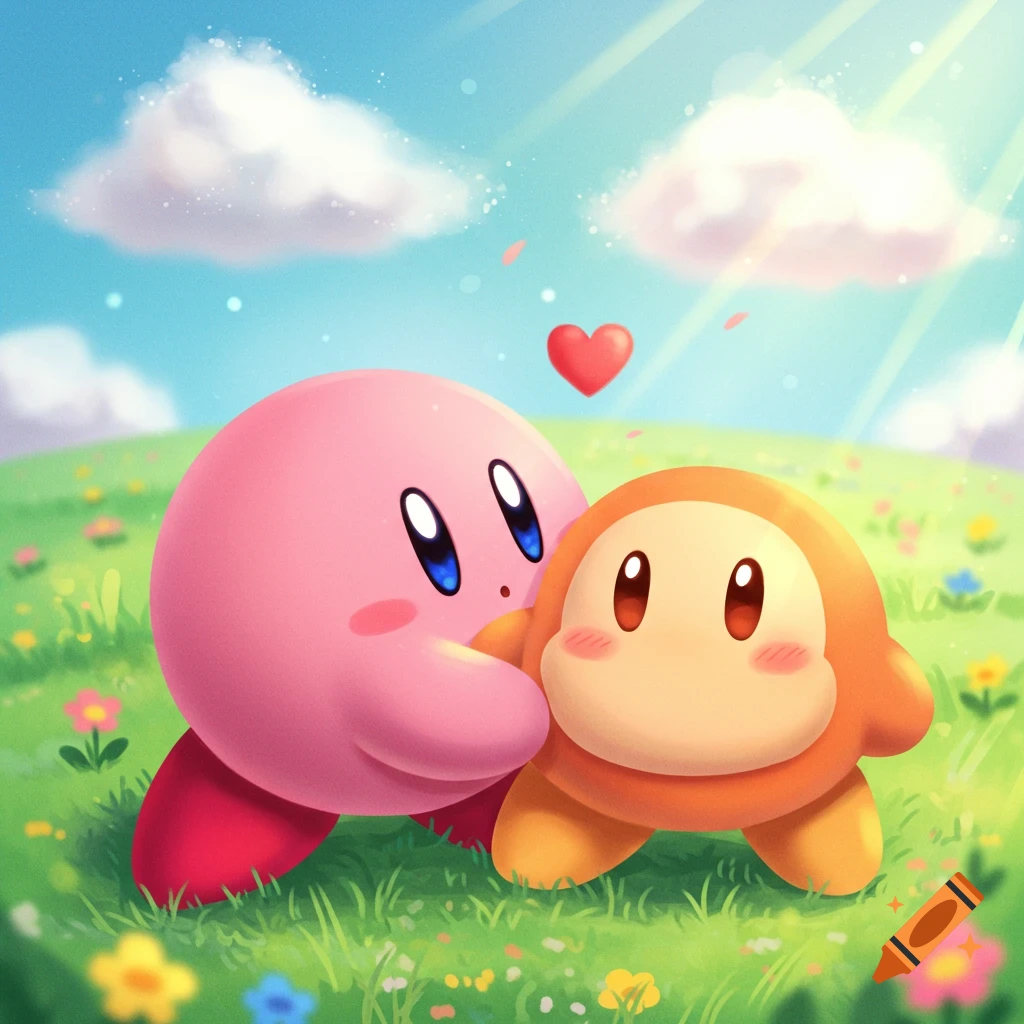 Cute pink Kirby hugs an orange Waddle Dee in a flowery green field under a blue sky with clouds and a red heart.