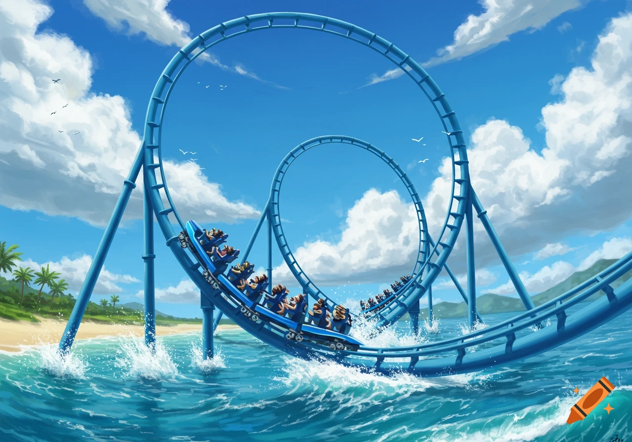 A stylized illustration of a blue rollercoaster with passengers looping over and splashing into a bright blue ocean by a tropical beach under a cloudy sky.