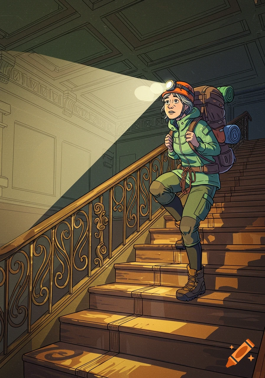 Cartoon of a woman in hiking gear and headlamp climbing an ornate, dimly lit indoor staircase.