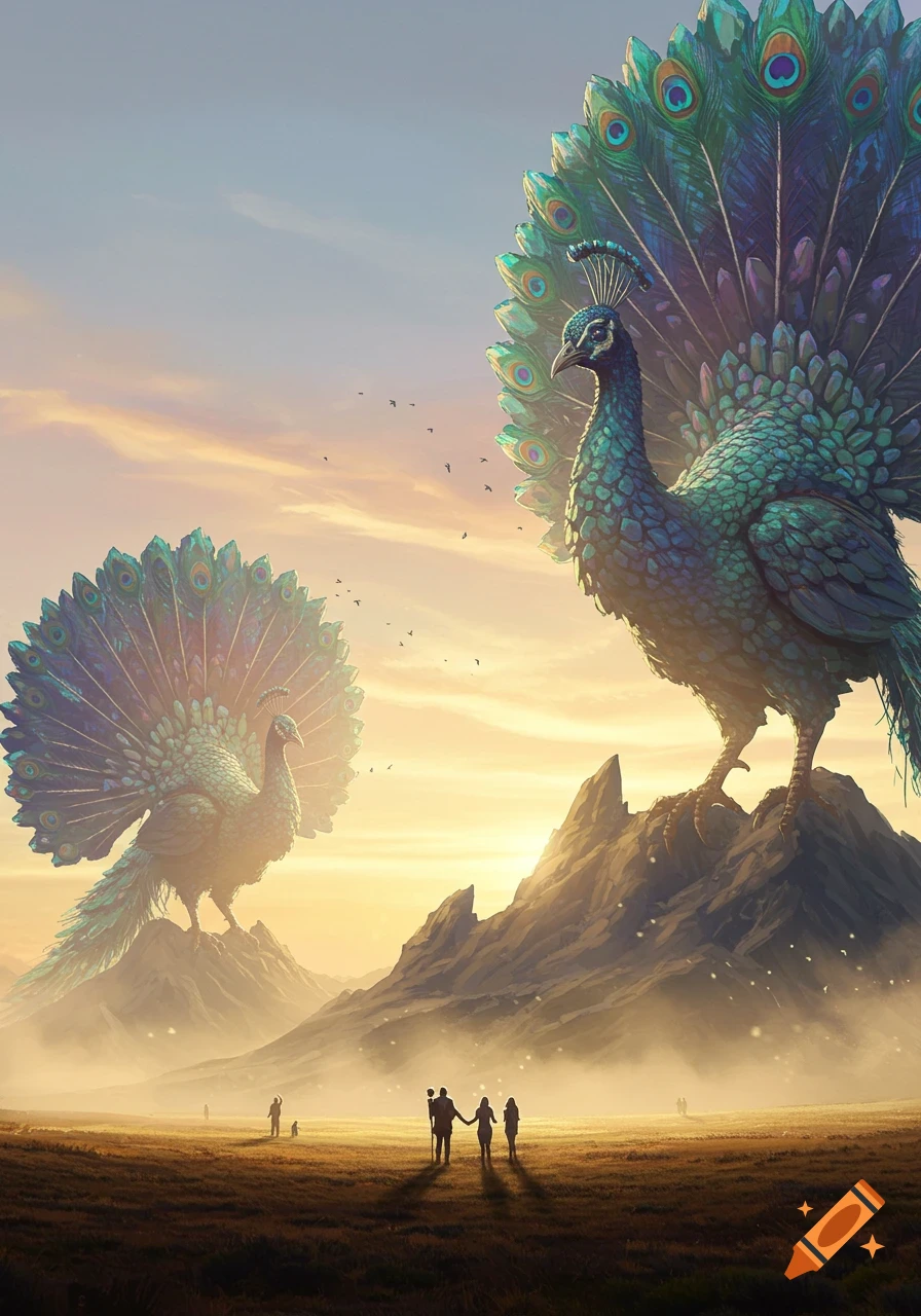 Two giant peacocks with iridescent tail feathers stand on mountain peaks at sunrise, overlooking a vast, misty valley with tiny humans.