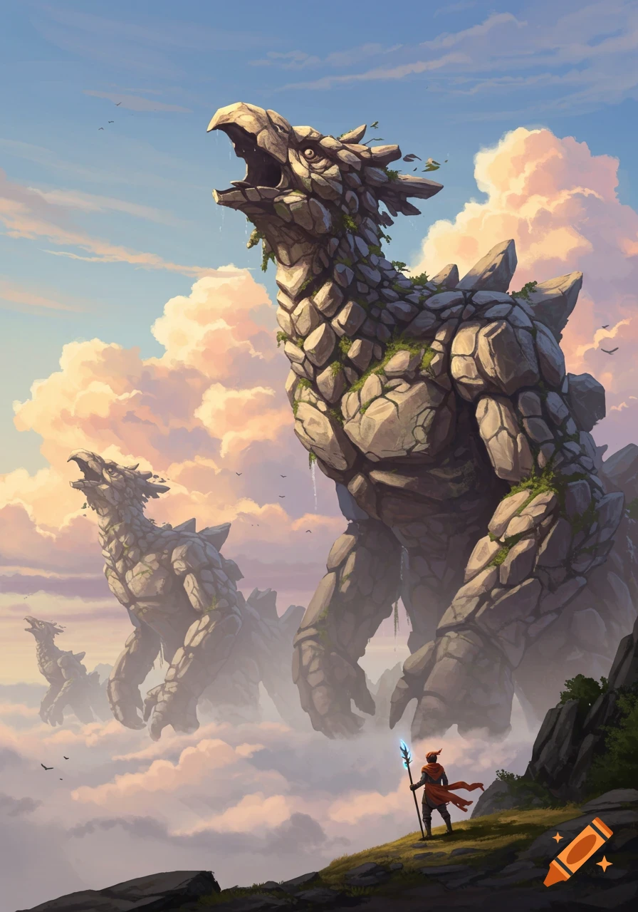 A small figure with a glowing staff watches colossal, bird-like rock monsters rise from misty clouds in a fantasy landscape.