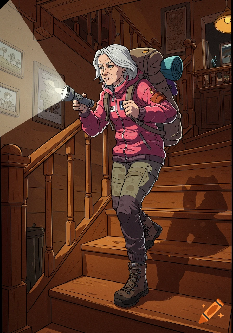 A cartoon illustration of an older woman with white hair wearing hiking gear and a backpack, walking up a wooden staircase indoors while holding a flashlight.
