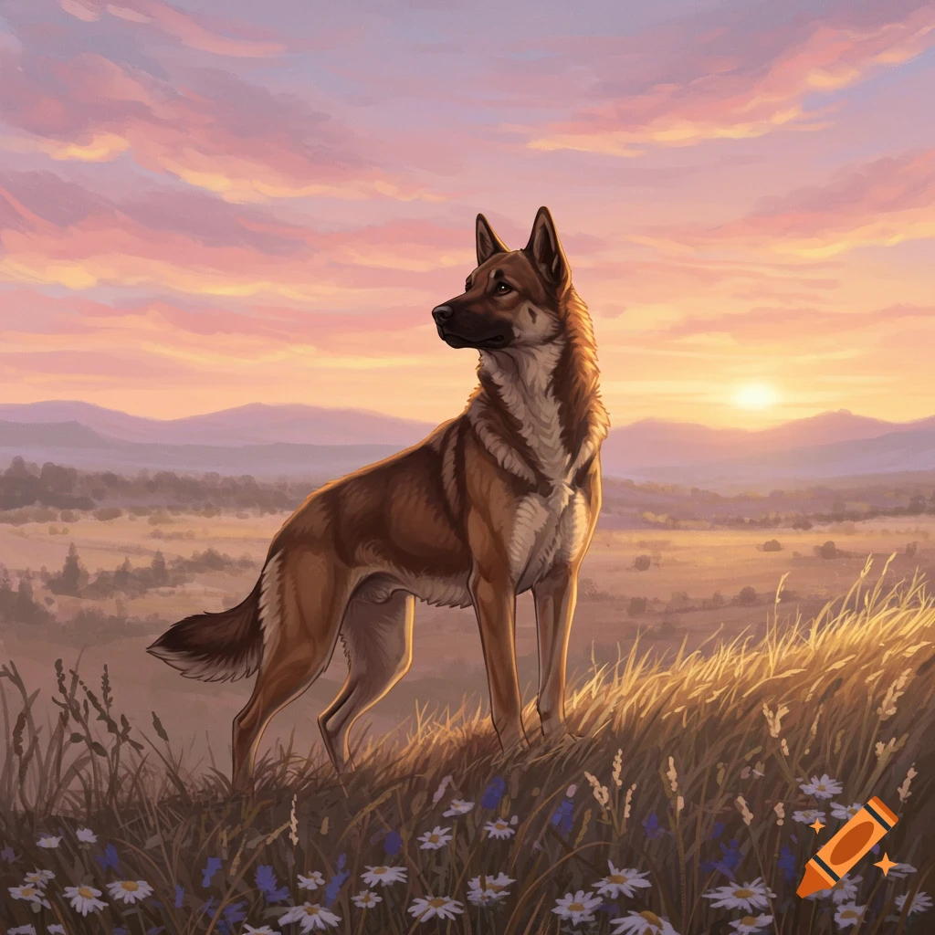 A majestic brown and tan dog stands on a grassy hill at sunset, overlooking a vast landscape with distant mountains, digital painting.