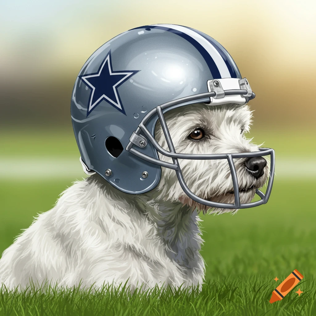 A West Highland White Terrier dog wears a Dallas Cowboys football helmet while sitting in green grass.