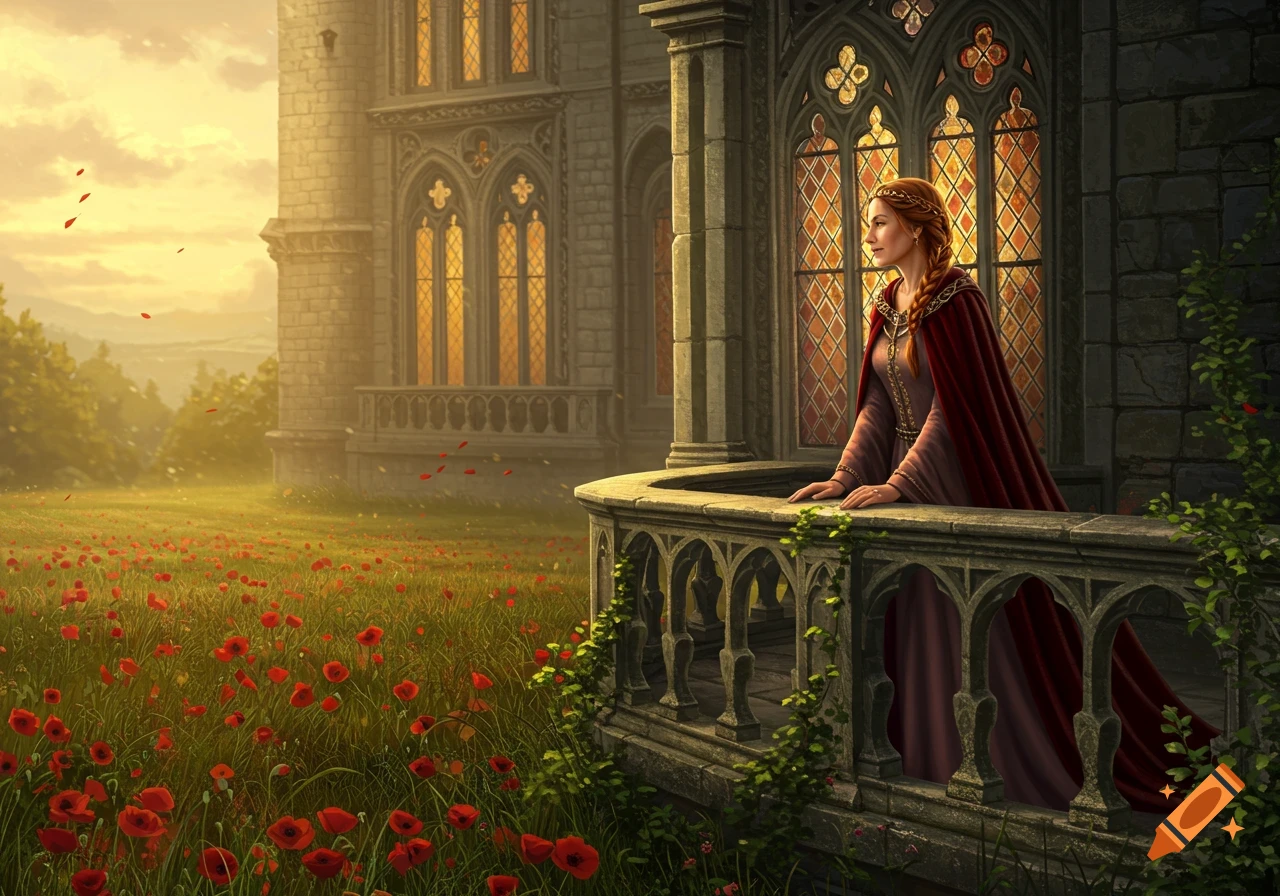 A woman in a red cape and medieval gown stands on a Gothic castle balcony, overlooking a vibrant meadow of red poppies at sunset.