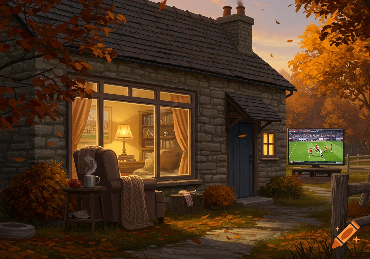A cozy stone house in autumn with fall foliage, a glowing interior, and a large outdoor TV showing a football game.