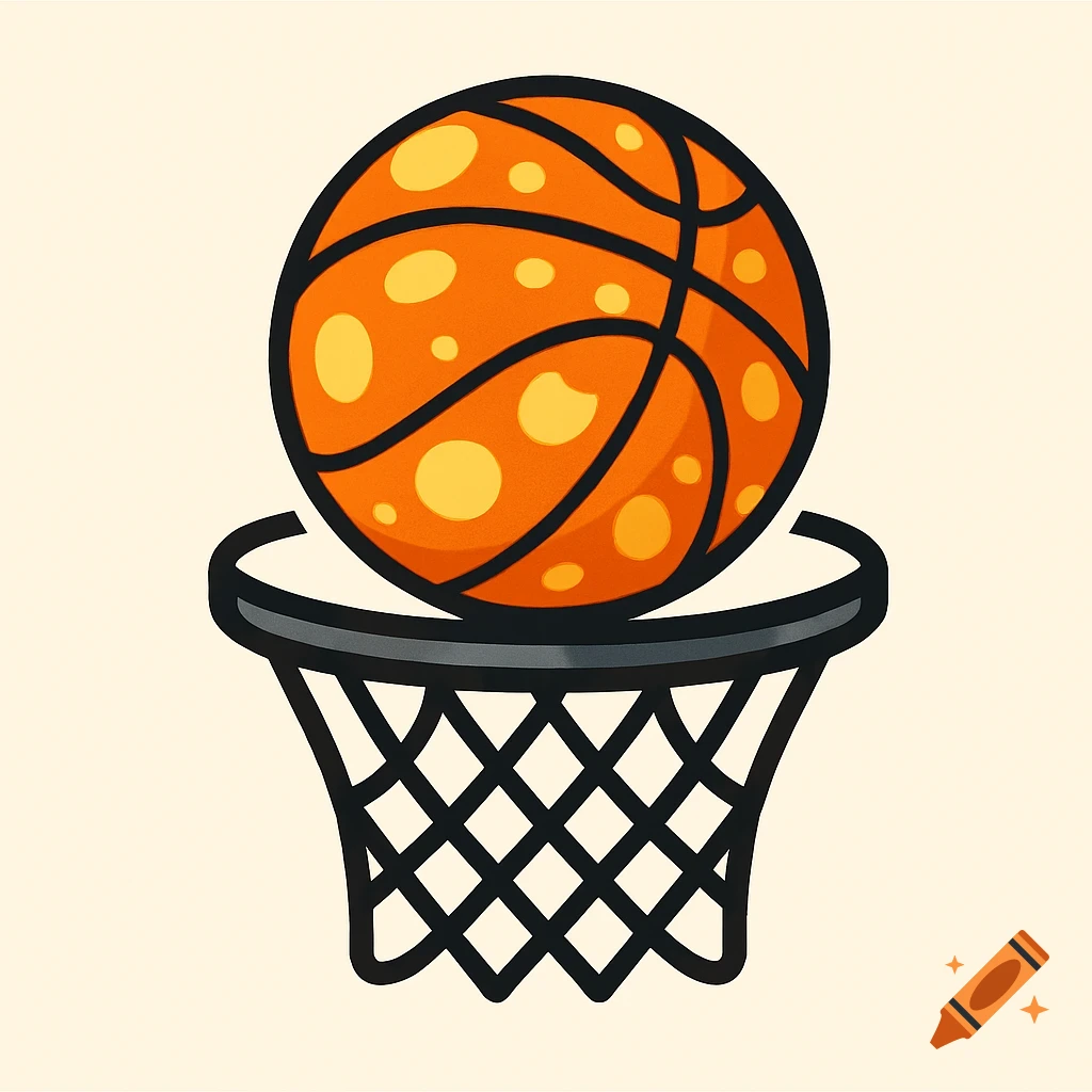Cartoon logo of an orange basketball with yellow Swiss cheese-like holes going into a black basketball net.