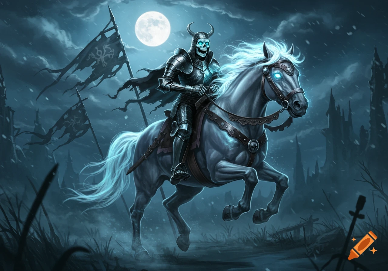 A skeleton knight in dark armor with glowing blue eyes and a horned helmet rides a ghostly white horse through a dark, snowy landscape under a full moon, with tattered flags.