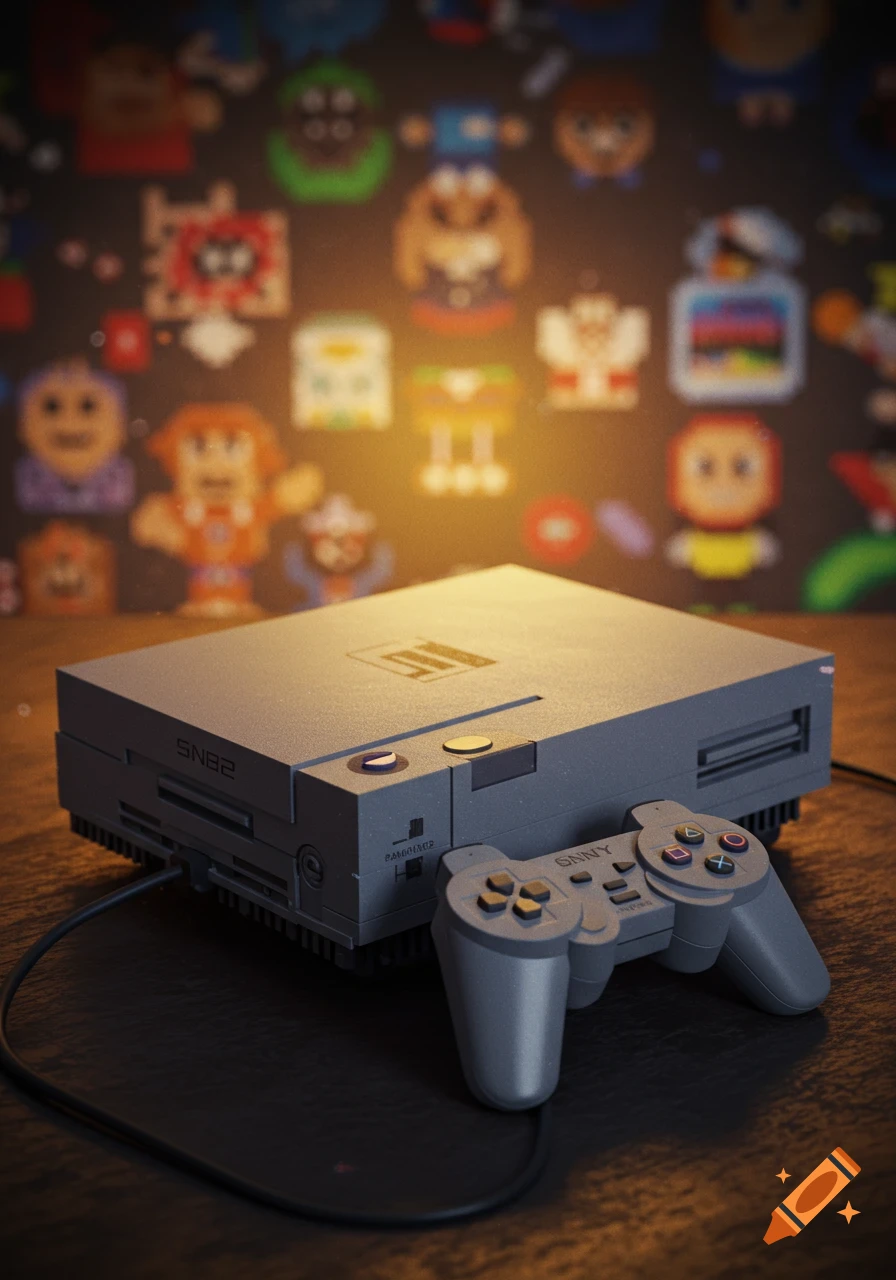 A grey console resembling a PlayStation 2 and a matching controller sit on a dark table, with a background of blurred 8-bit pixel art characters.