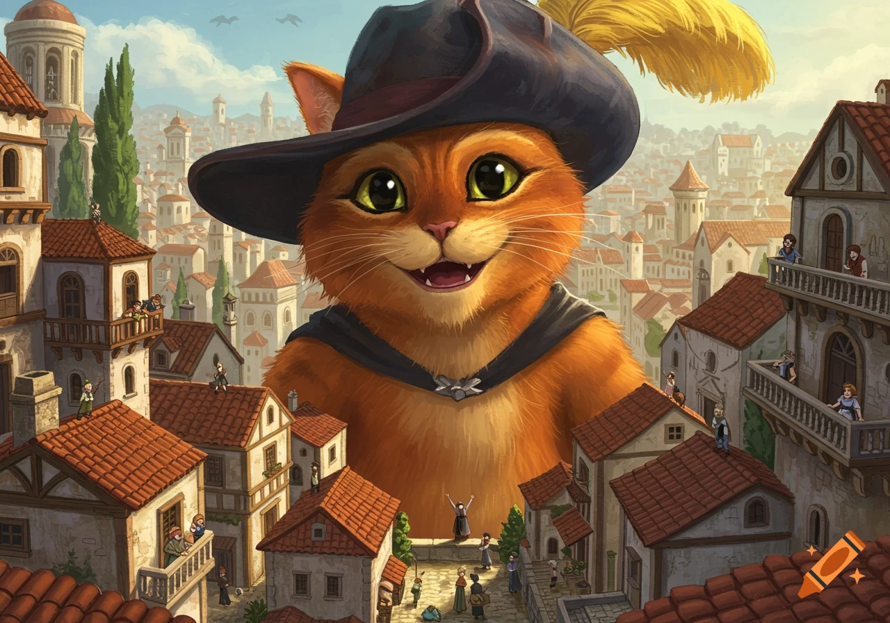 A giant Puss in Boots character, wearing a hat with a yellow feather, smiles over a bustling, half-size medieval-style city. Small townspeople look up at him.