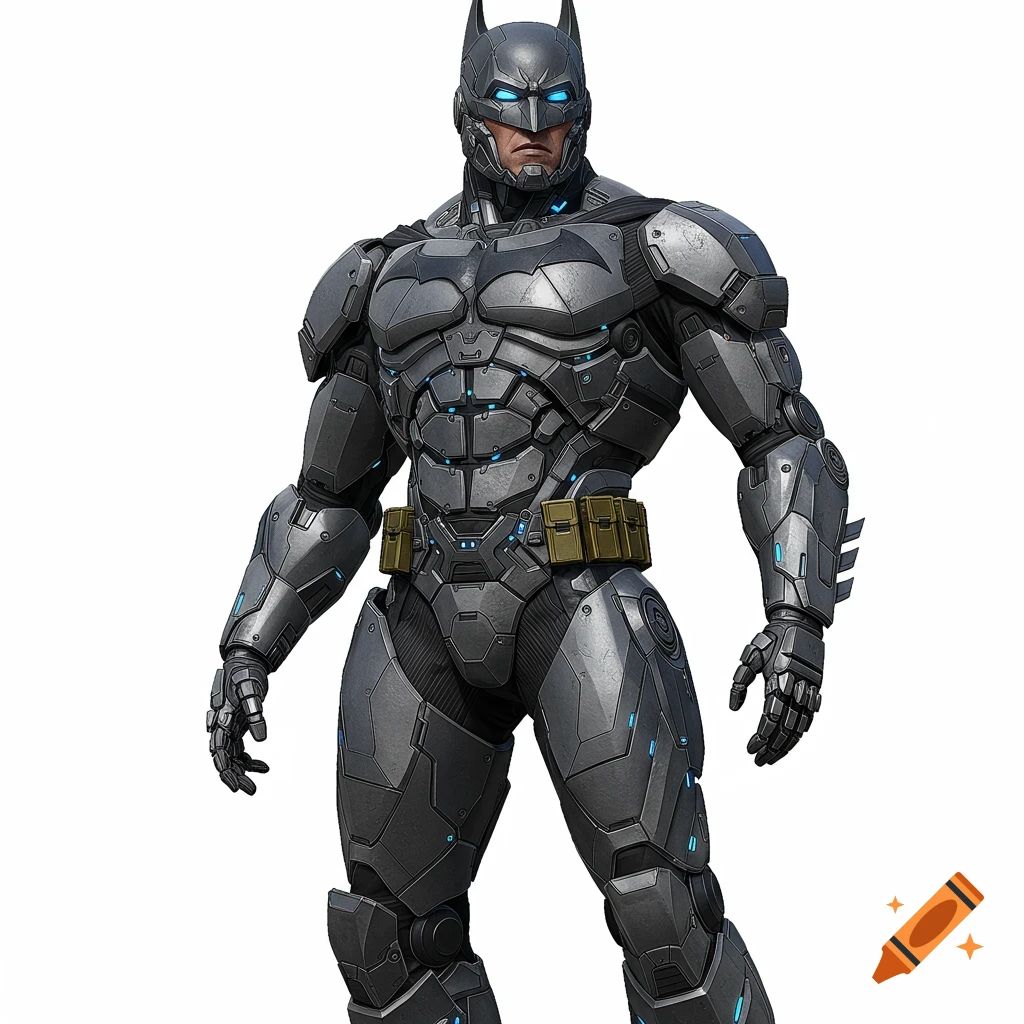 Mecha Batman standing in a detailed gray and black modular armor suit with blue glowing accents on a white background.