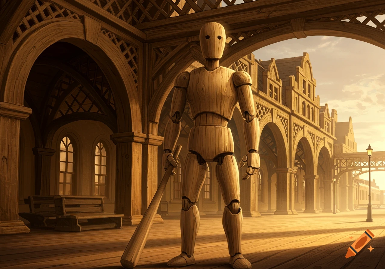 A stylized wooden mannequin holding a bat stands in a grand, ornate wooden train station at sunset.