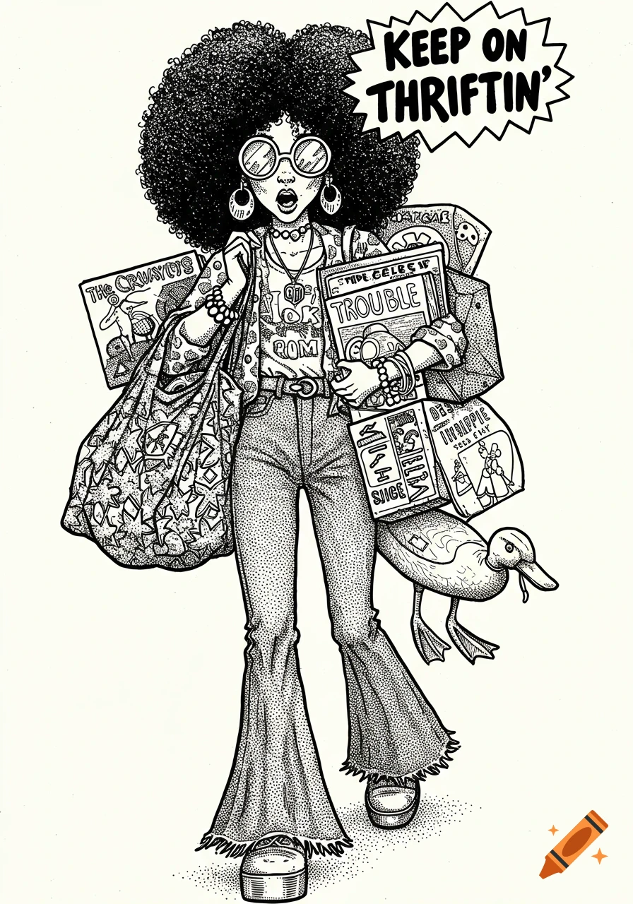 Black and white R. Crumb style illustration of a woman with a large afro, sunglasses, and bell-bottoms, carrying many thrifted items and a wooden duck. A speech bubble reads "KEEP ON THRIFTIN'".