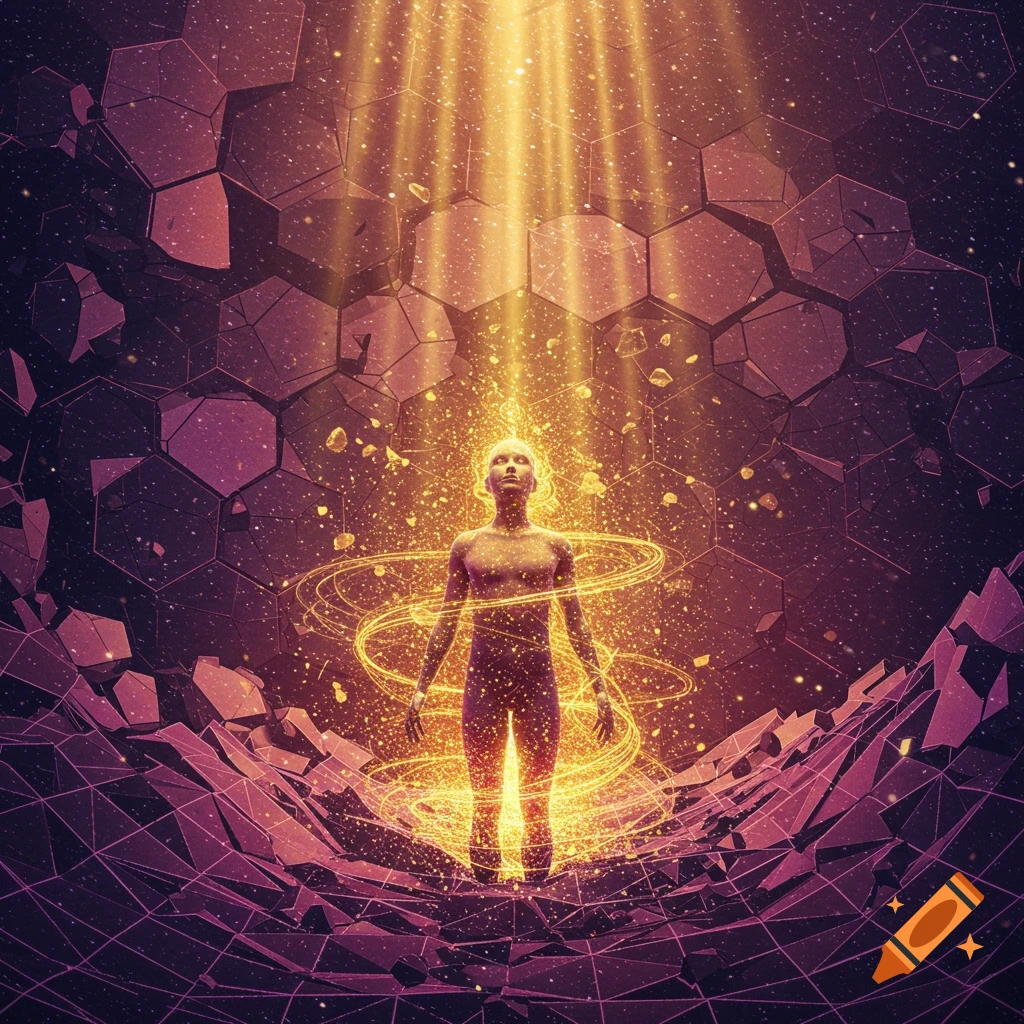 Glowing human figure amidst shattered geometric reality, bathed in golden light rays and swirling particles. Abstract digital art.