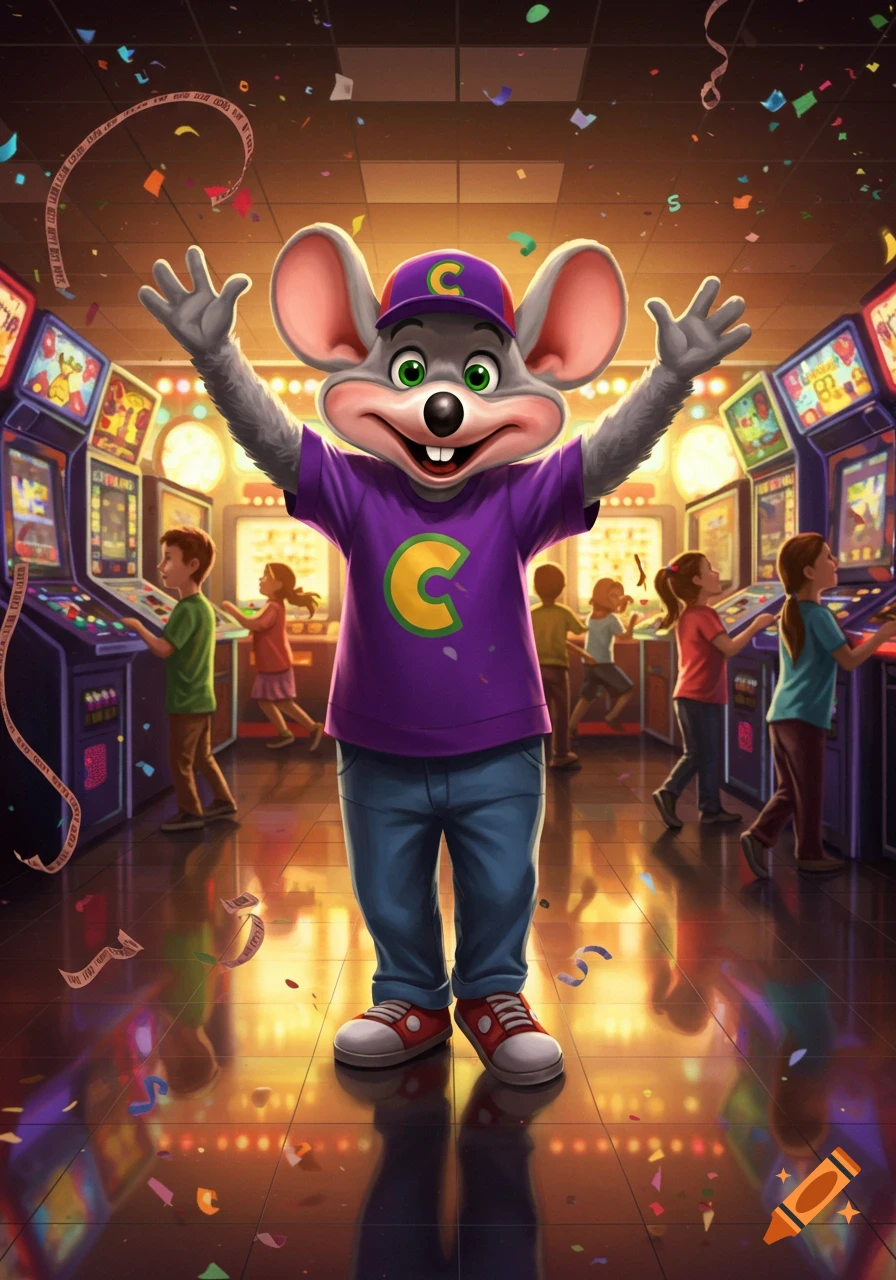 A smiling Chuck E. Cheese character, a gray mouse wearing a purple shirt and cap with a yellow 'C', stands with arms raised in a brightly lit arcade with children playing games and confetti falling.