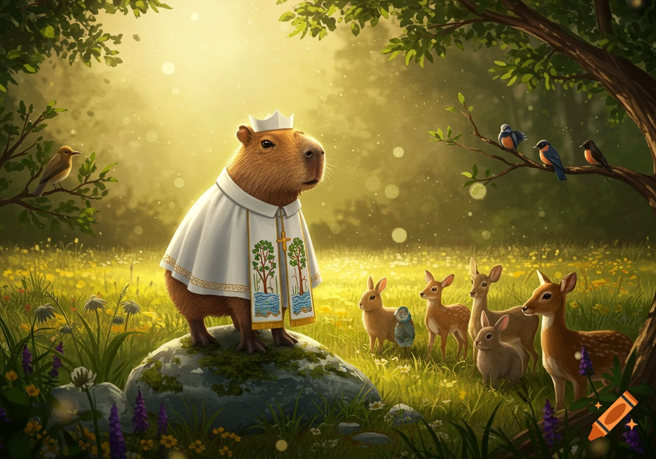 A whimsical capybara pastor in a white robe stands on a rock in a sunny forest, observed by deer, rabbits, and birds.