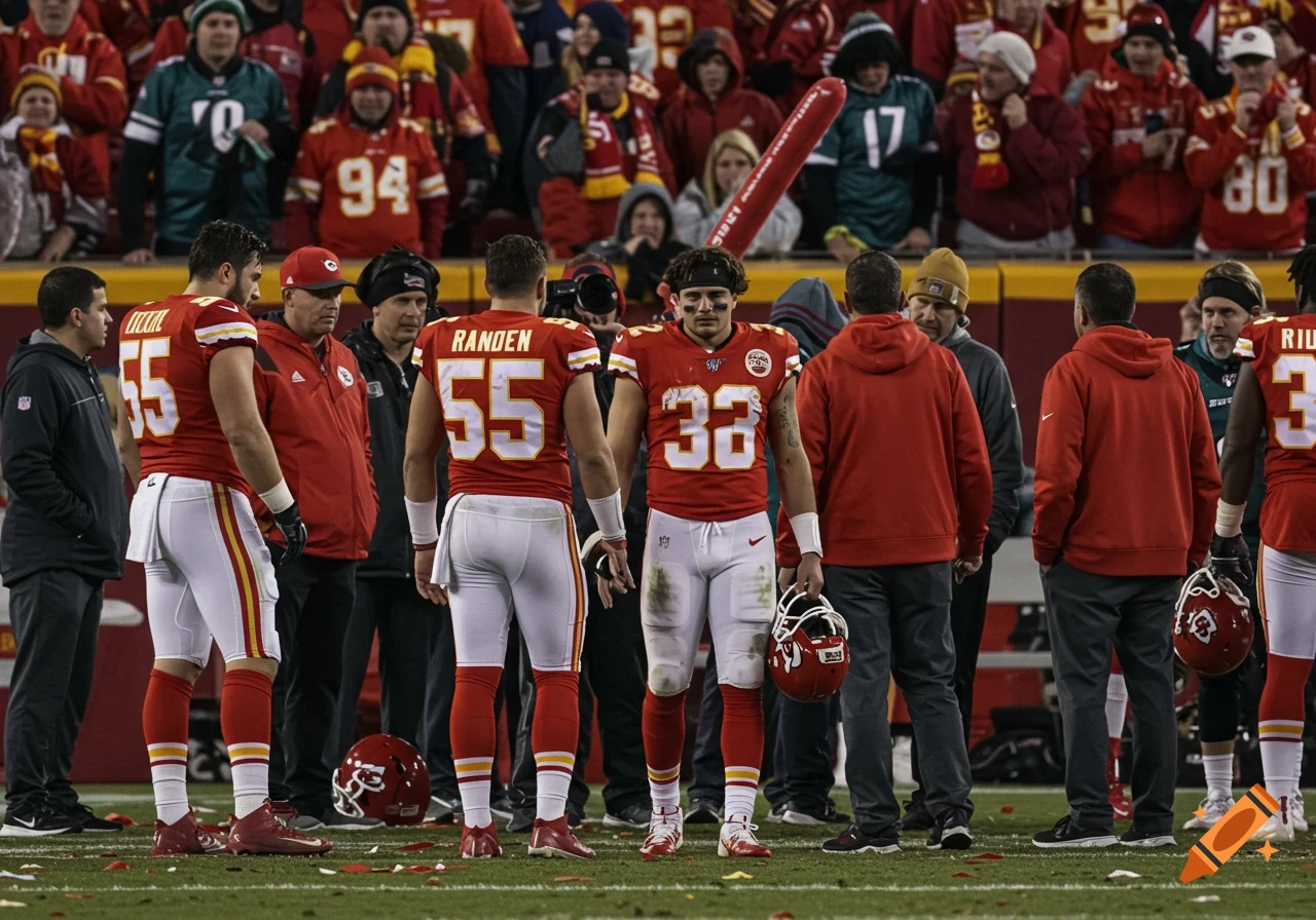 Kansas City Chiefs football players and fans on a field, some holding helmets.