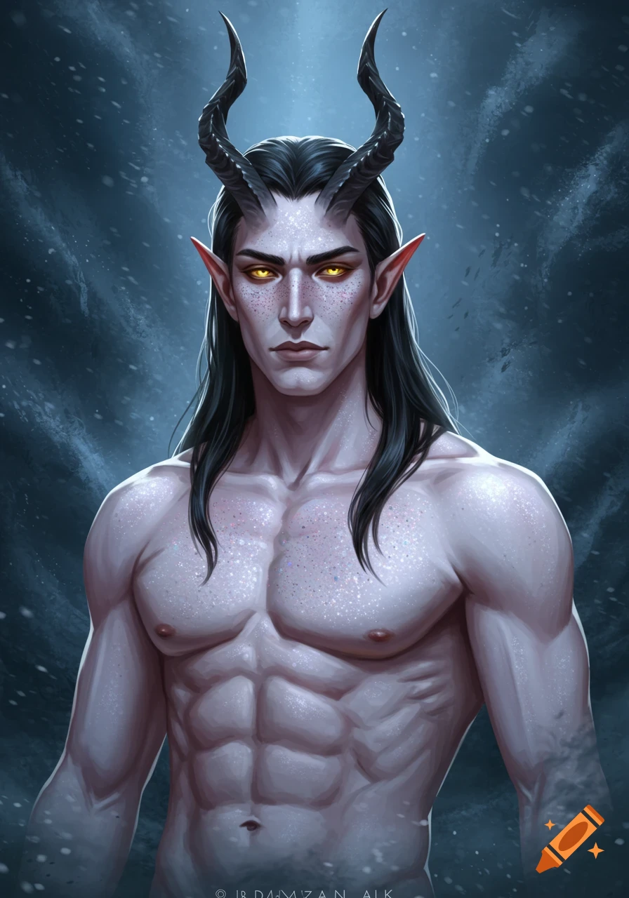 Muscular, pale-skinned fantasy man with black horns, pointed ears, golden eyes, and dark hair against a stormy background.