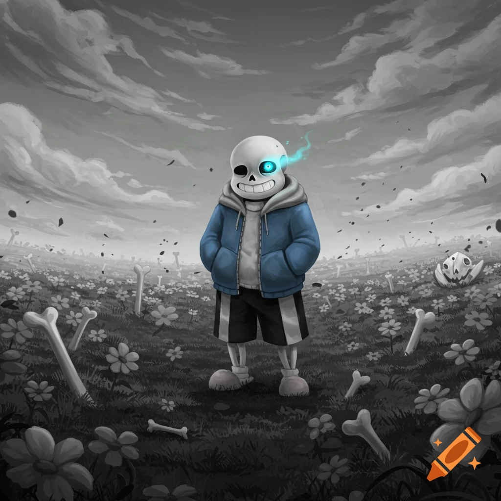 Sans from Undertale, wearing a blue jacket and with a glowing eye, stands in a grayscale field of white flowers and scattered bones under a cloudy sky.